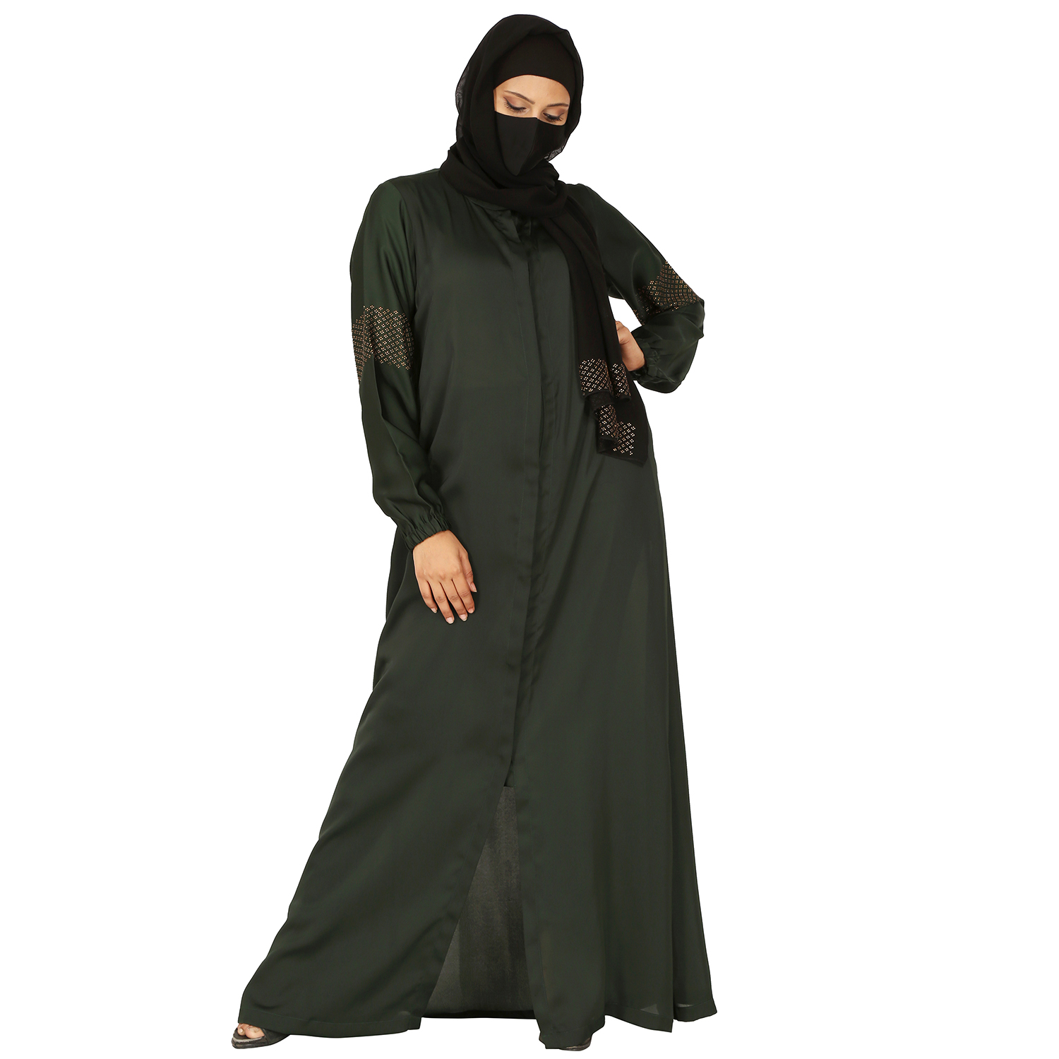 Front Open Abaya With Buttons And Stonework On Sleeves | Dark Green ...